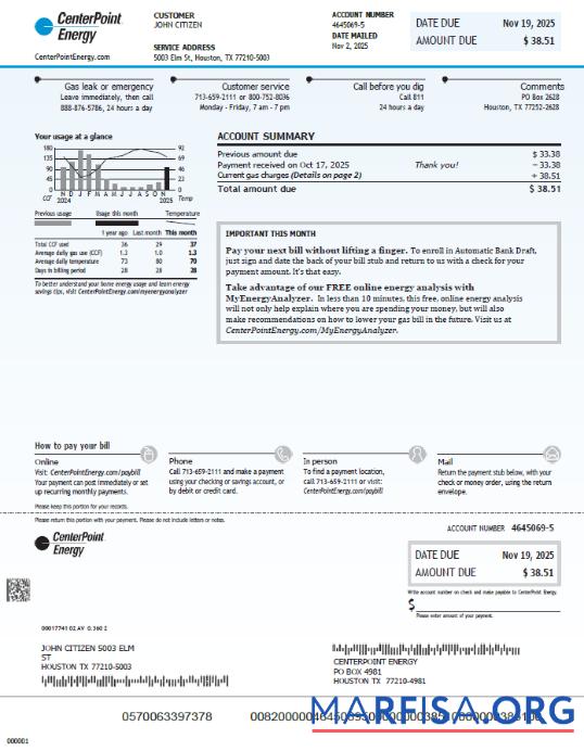Realistic USA Center Point Energy utility bill template in Word and PDF formats